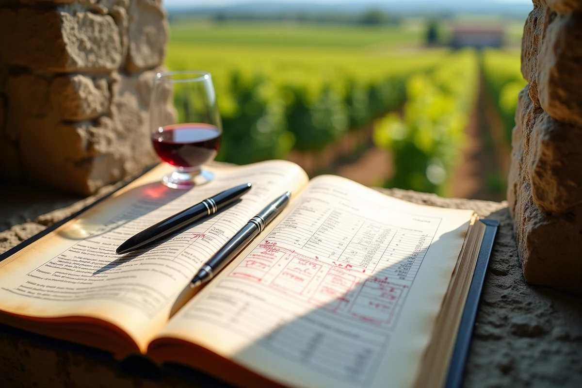 Dossier d'évaluation d'un domaine viticole bordelais ouvert sur un appui de fenêtre en pierre avec les vignes en arrière-plan