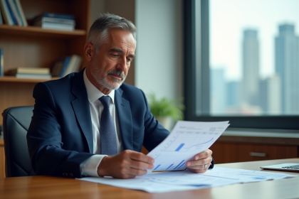 Economiste homme en costume navy examine des graphiques