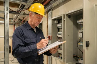 Électricien examinant des documents de chiffrage sur un chantier électrique commercial avec armoire électrique ouverte en arrière-plan