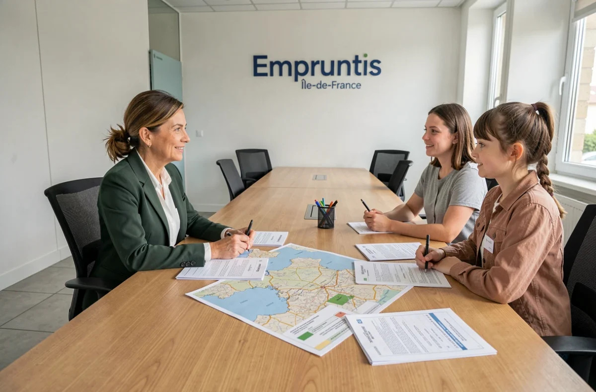 Conseillère Empruntis Île-de-France présentant des options de prêt immobilier régional à une famille de clients