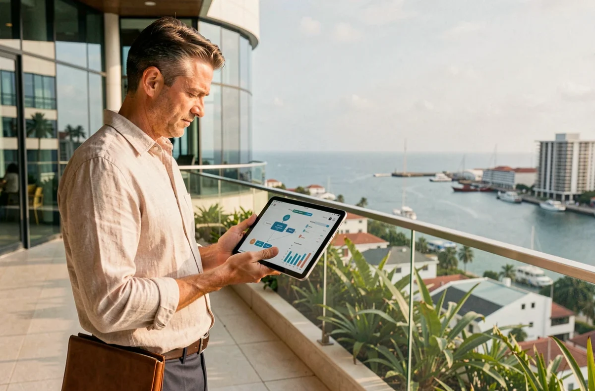 Entrepreneur consultant des schémas de montage de société sur une terrasse moderne avec vue sur le port de Port Louis à l'île Maurice