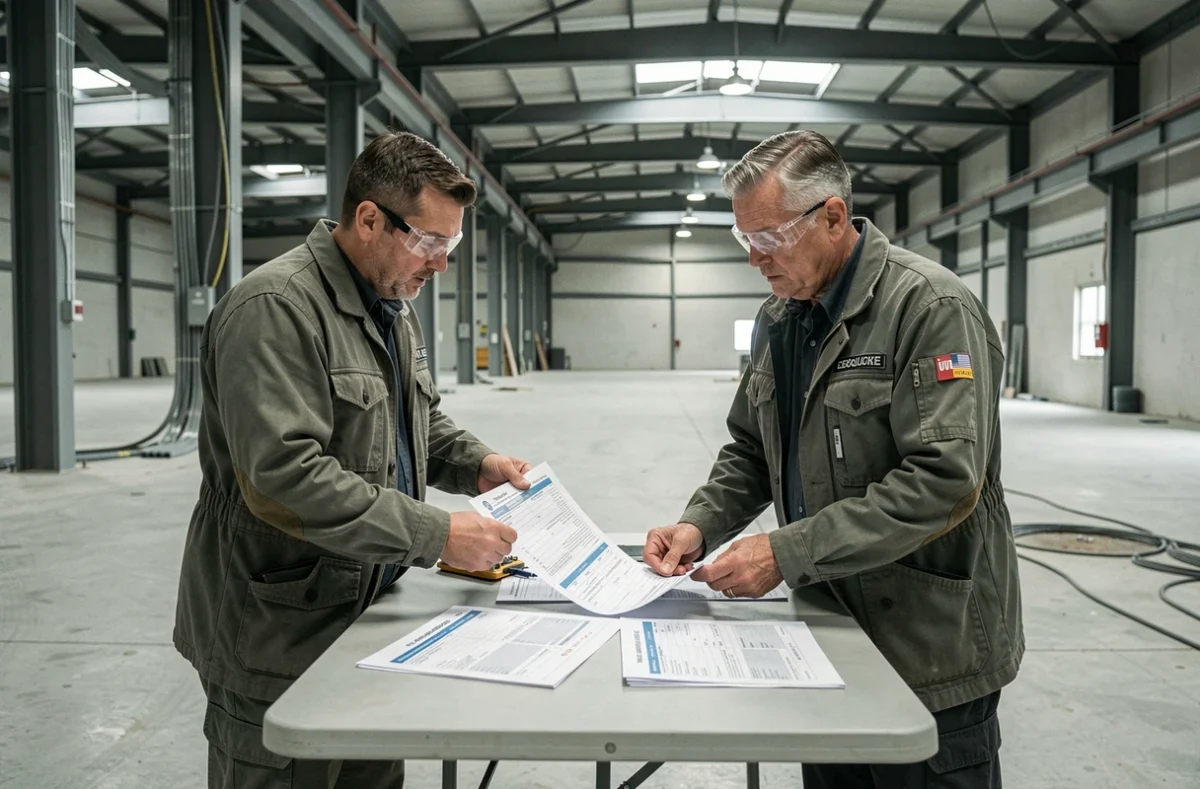 Deux entrepreneurs électriciens comparant des factures et tableaux d'indices de révision de prix dans un entrepôt industriel en construction