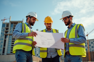 Professionnels de la construction examinant des plans sur un chantier