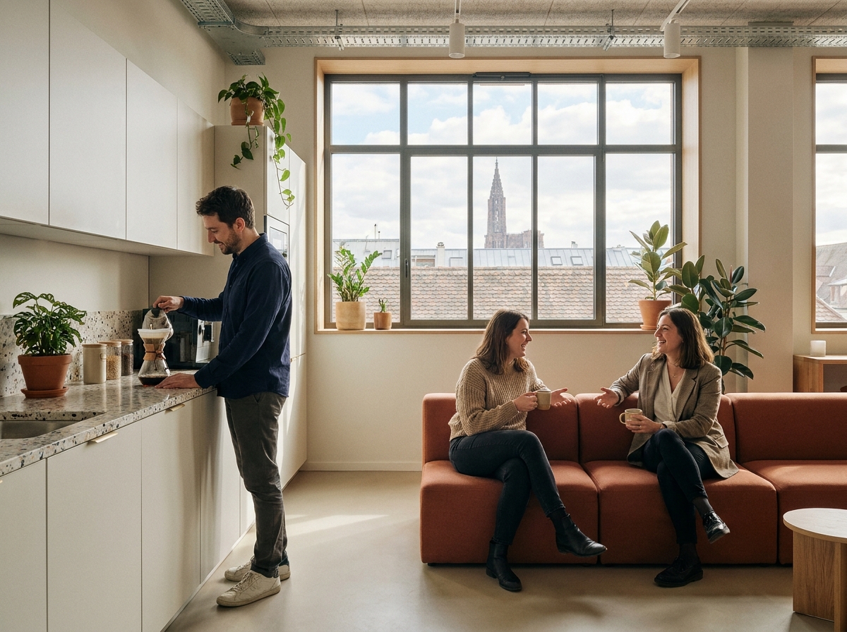 Espace détente et cuisine partagée dans un bureau à Strasbourg favorisant le bien-être des employés