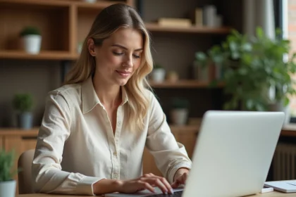 Femme consultant une estimation immobilière gratuite en ligne sur son ordinateur portable dans un bureau à domicile