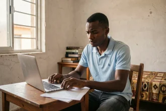 Étudiant africain travaillant dans un appartement meublé de type studette à Dakar, avec bureau, ordinateur portable et livres universitaires