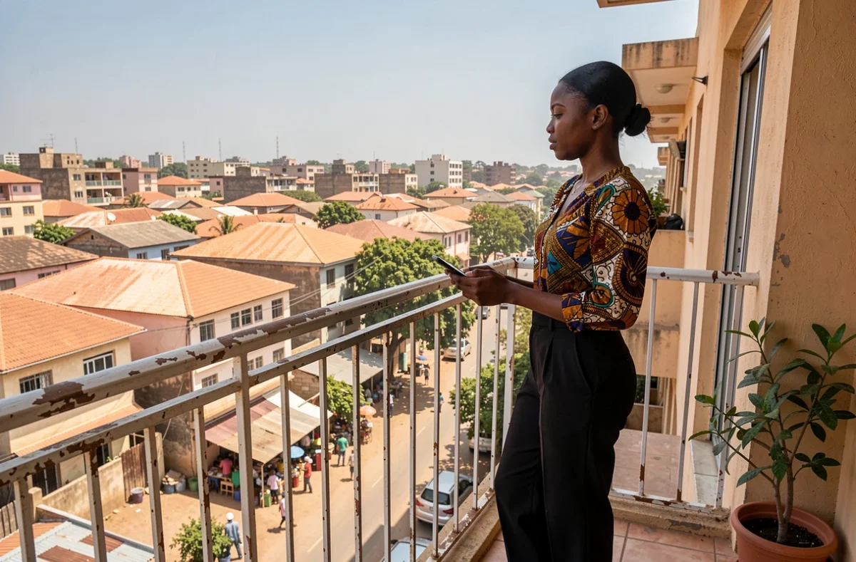 Étudiante sur le balcon d'un appartement en location à Dakar avec vue sur le quartier résidentiel urbain