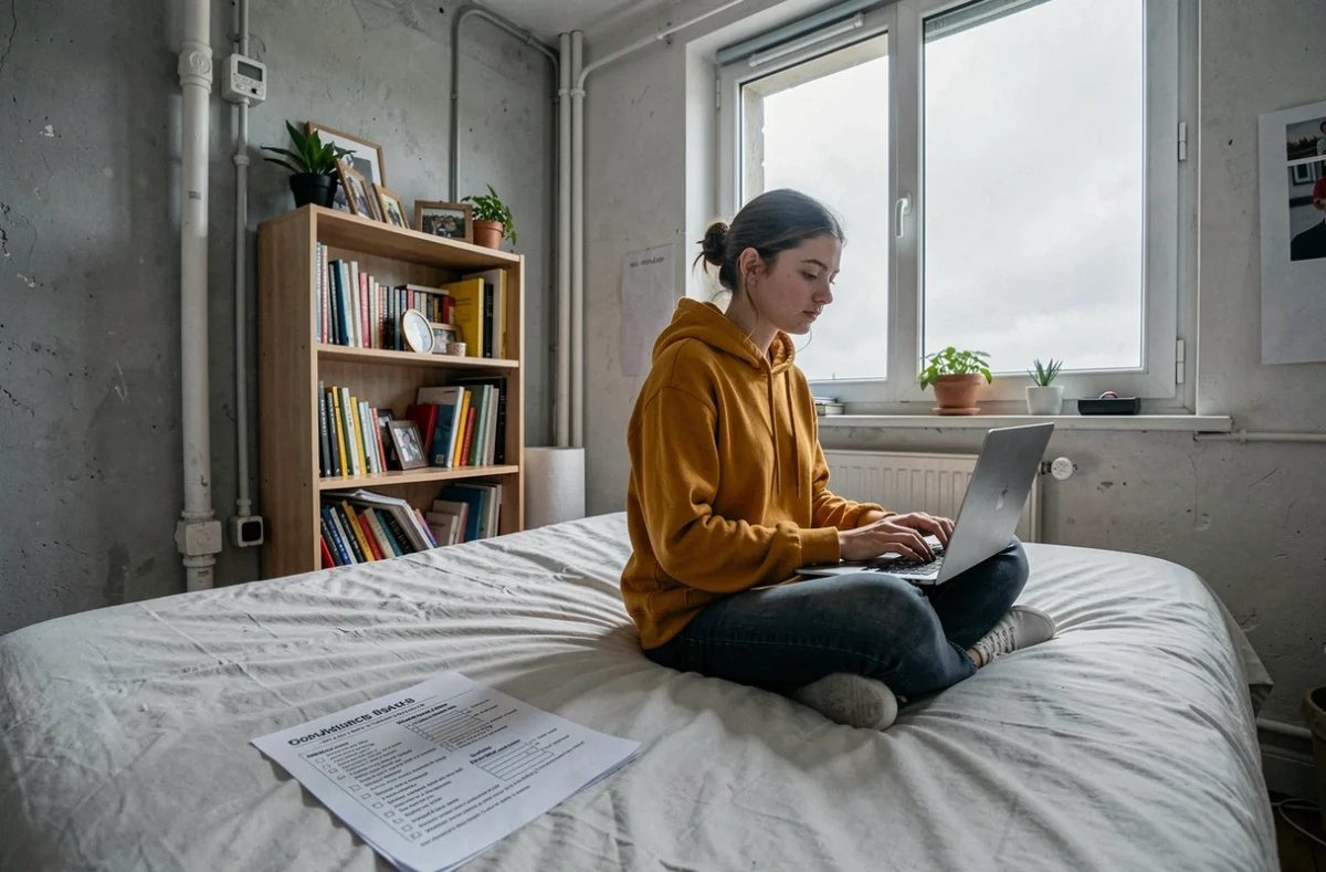 Étudiante cherchant une assurance habitation pas cher sur son ordinateur dans son studio en location