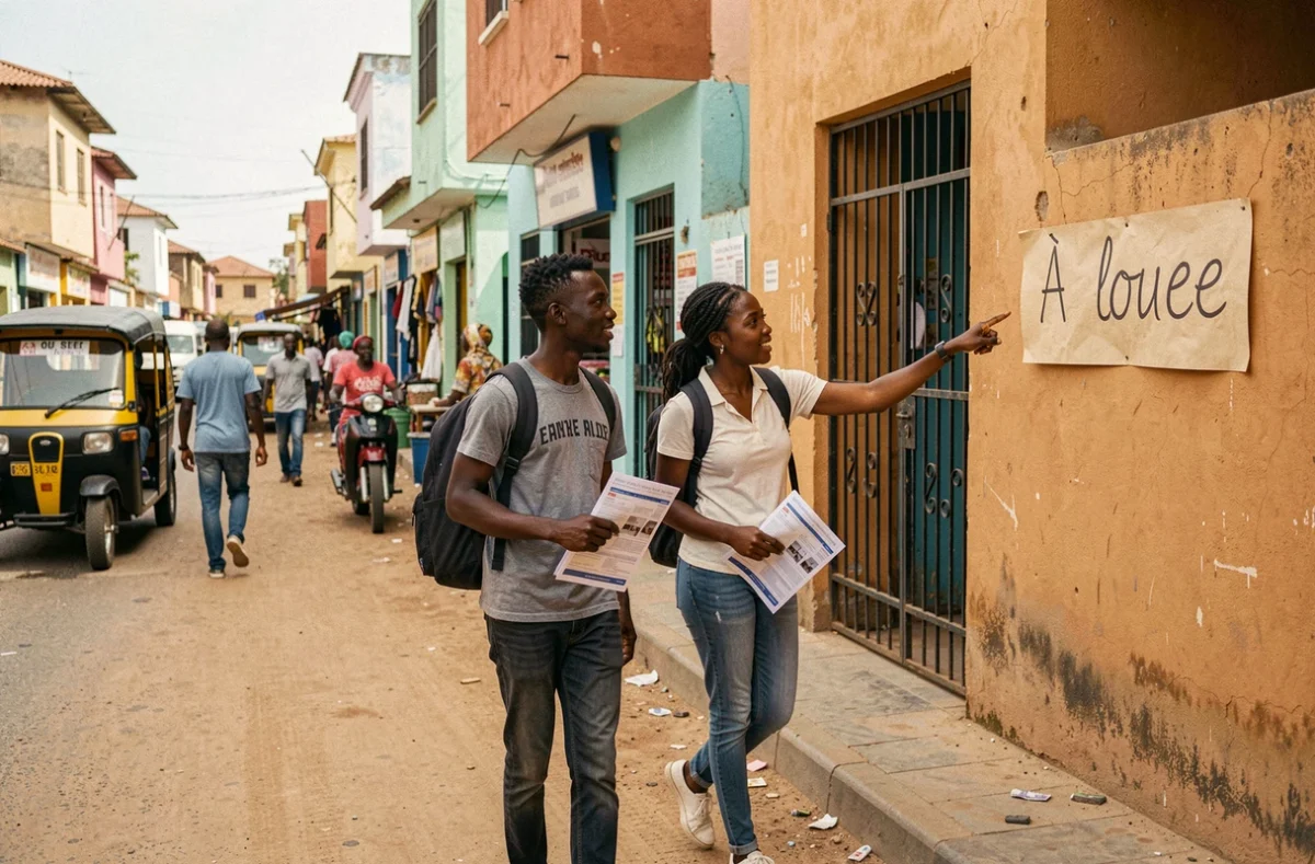Deux étudiants cherchant un appartement à louer dans un quartier résidentiel de Dakar en consultant une annonce imprimée devant un immeuble