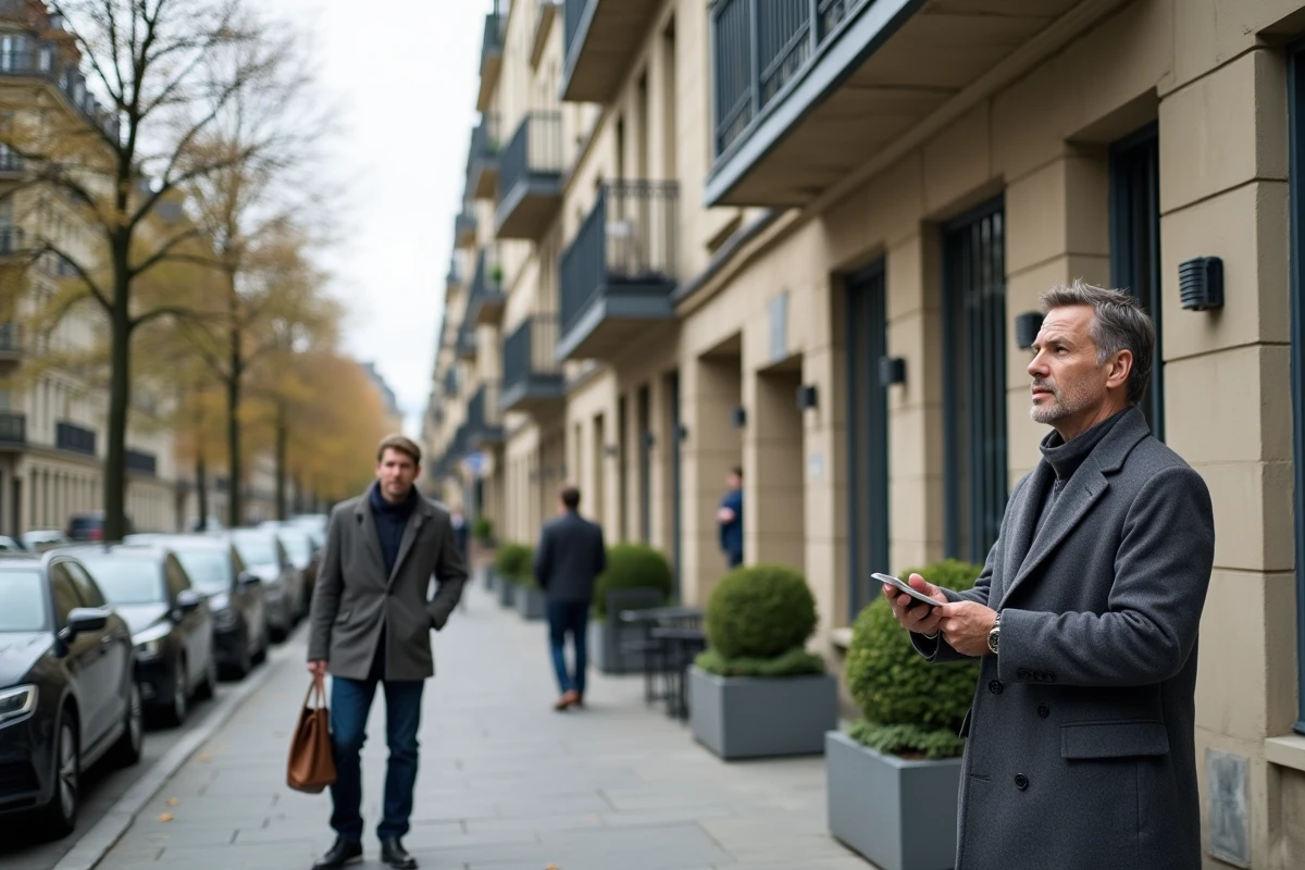 Propriétaire évaluant un immeuble résidentiel urbain avec une tablette pour un investissement locatif