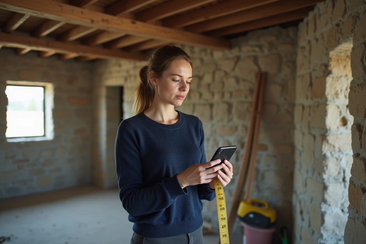 Femme évaluant l'intérieur d'une maison de pêcheur à rénover pour estimer le budget de financement