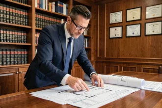 Expert en patrimoine immobilier analysant des documents de valorisation foncière dans un bureau professionnel