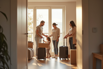 Famille accueillie dans un appartement lumineux avec une assistante sociale