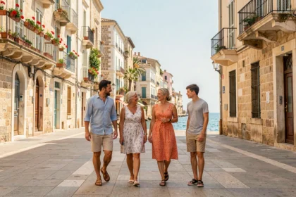 Famille se promenant sur la promenade des quartiers sud de Marseille avec vue sur la mer Méditerranée