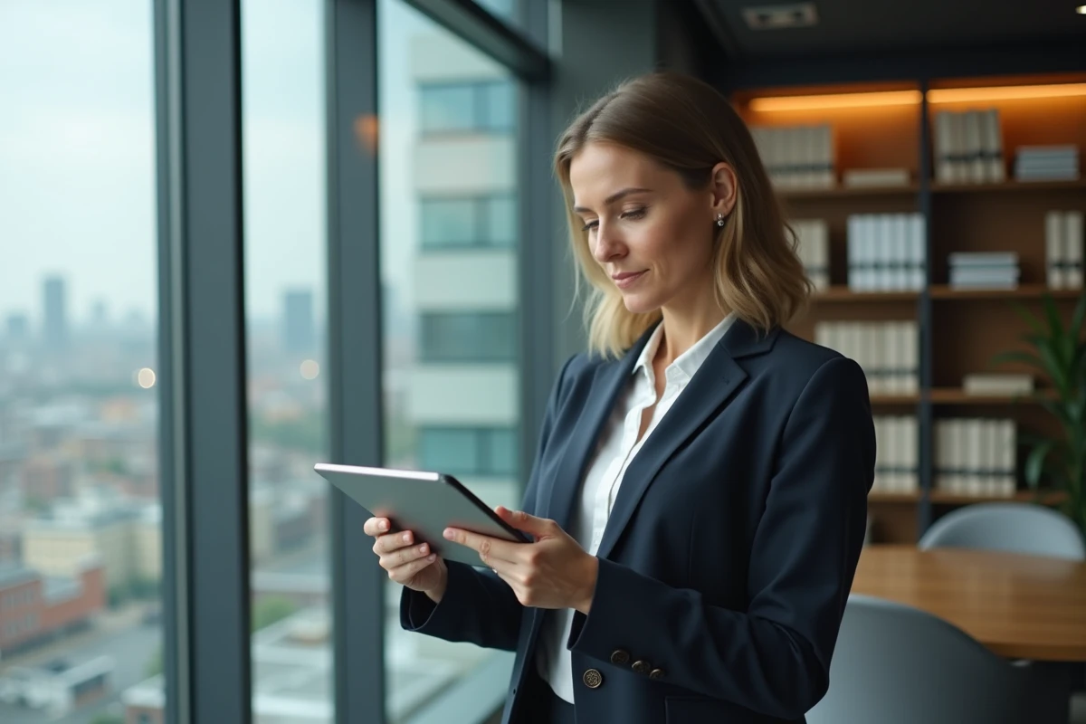 Femme professionnelle examine des documents dans un bureau lumineux