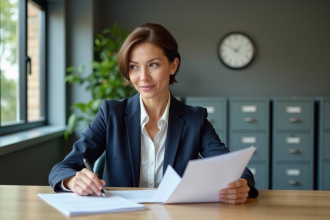 Femme d'affaires en blazer navy examine des documents