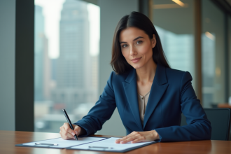 Jeune femme d'affaires examinant des documents de prêt immobilier