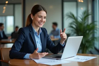 Femme d'affaires souriante dans un bureau moderne