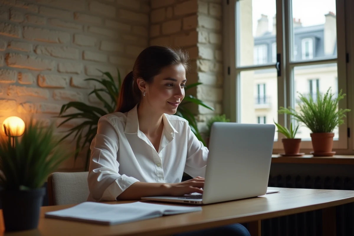 Femme parisienne utilisant un site d'annonces locales sur son ordinateur portable dans un appartement haussmannien