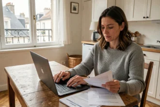 Femme consultant son contrat d'assurance habitation sur un ordinateur portable dans un appartement du Mans