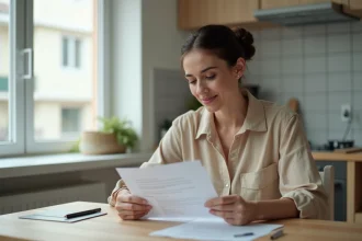 Femme lisant un avis favorable de commission d'attribution de logement à la table de sa cuisine avec des documents administratifs