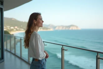 Femme regardant la mer depuis un balcon moderne
