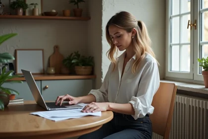 Femme d age modere examine ses finances à la maison