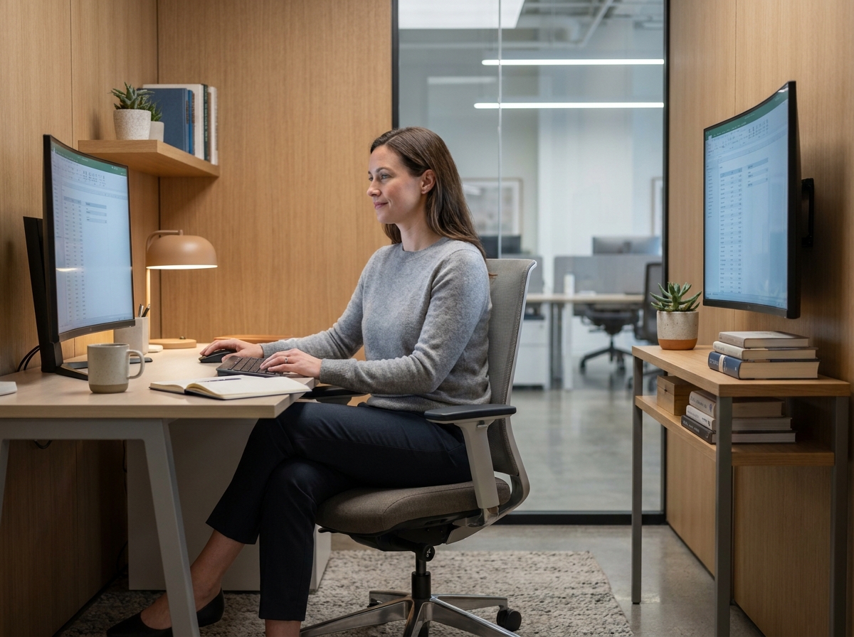Femme professionnelle travaillant confortablement dans un bureau privé ergonomique à Strasbourg
