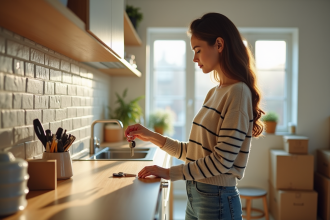 Jeune femme dépose ses clés dans la cuisine lumineuse
