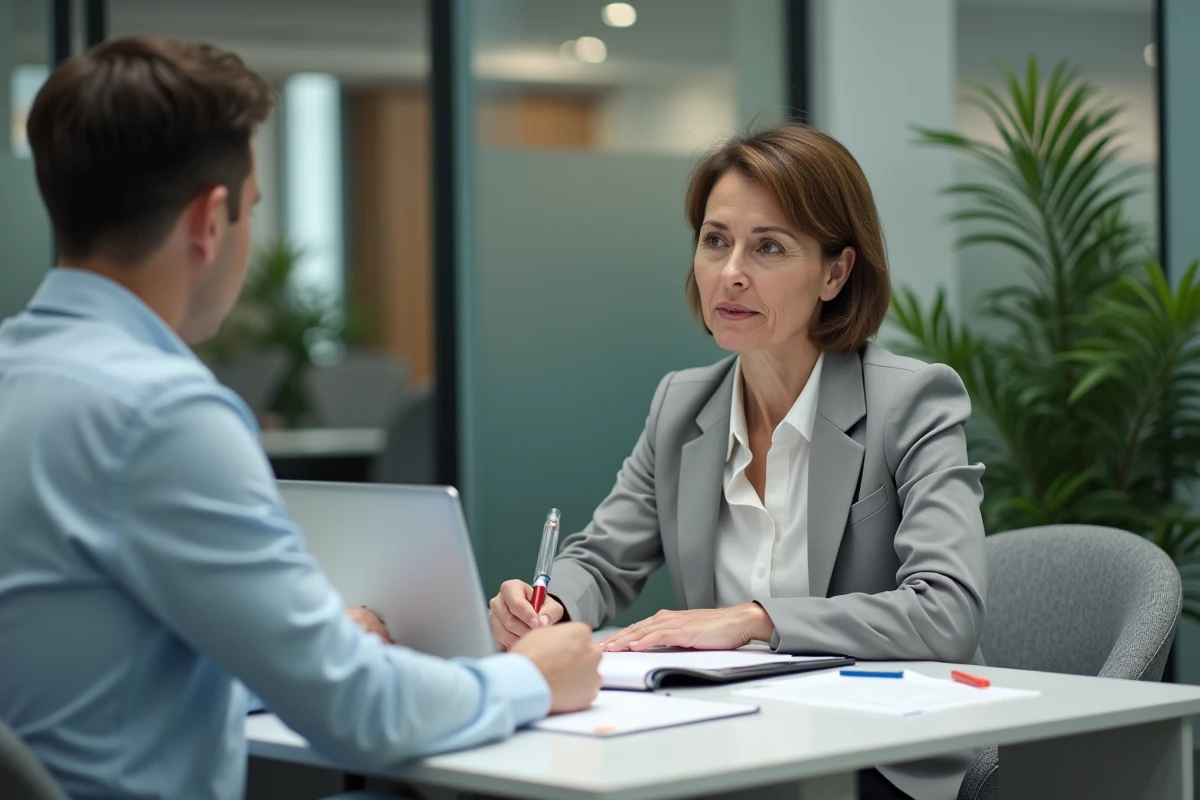 Femme discutant de solutions d'assurance emprunteur avec un conseiller financier en agence bancaire
