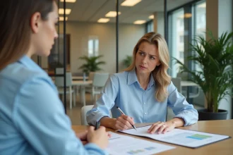 Femme consultant un conseiller bancaire pour un crédit immobilier à La Poste, documents de prêt sur le bureau