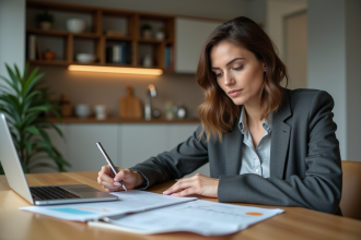 Femme en tenue professionnelle consulte des documents sur la table