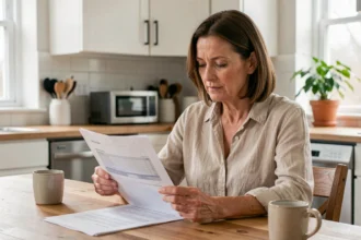 Femme consultant son contrat d'assurance multirisque habitation CIC à la table de sa cuisine moderne