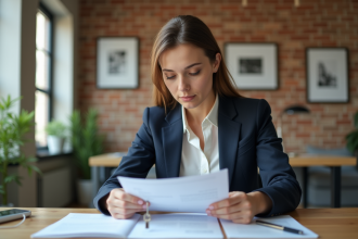 Jeune femme professionnelle examinant un contrat de location
