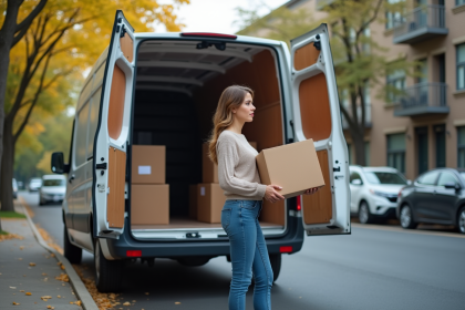 Jeune femme plaçant une caisse dans un camion de déménagement