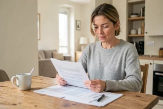 Femme consultant des documents d'assurance habitation à une table en bois dans un appartement moderne