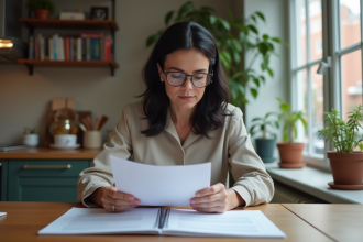 Femme d'âge moyen examinant des documents dans une cuisine moderne