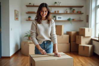 Jeune femme emballant des cartons dans un salon organisé