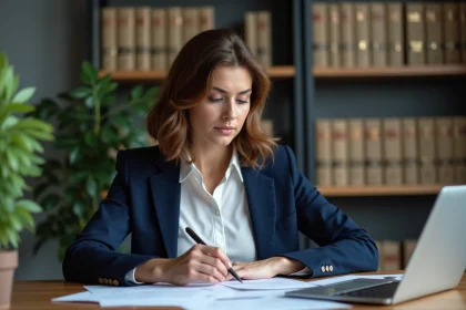 Femme entrepreneur étudiant des documents juridiques pour la création d'une SCI seule à son bureau à domicile
