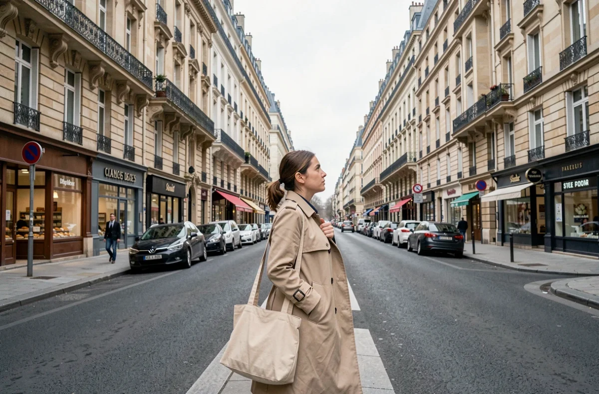 Femme explorant un boulevard résidentiel de Caen pour choisir son futur quartier avant une installation en 2026