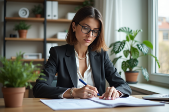 Femme professionnelle examinant documents fiscaux dans un bureau lumineux