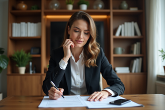 Femme en bureau moderne examinant un document de prêt immobilier