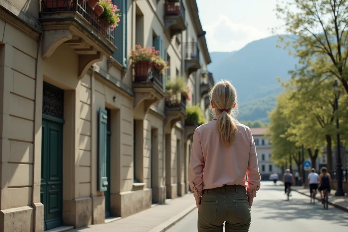 Femme d'âge moyen devant un immeuble fleuri à Grenoble