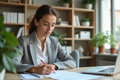 Femme d affaires examinant des documents immobiliers dans un bureau moderne
