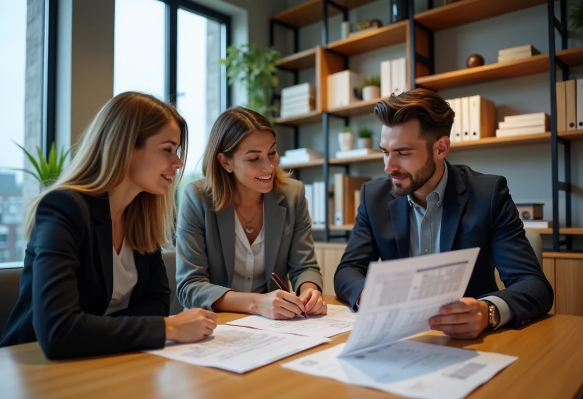 Femme professionnelle examinant des documents immobiliers avec un couple