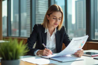 Femme professionnelle en blazer examinant des rapports immobiliers
