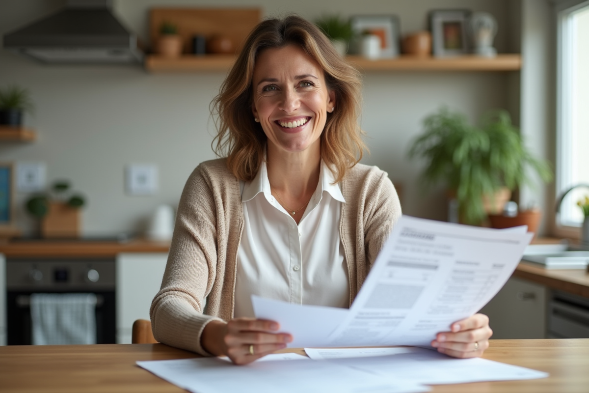 Femme souriante tenant des factures de renovation