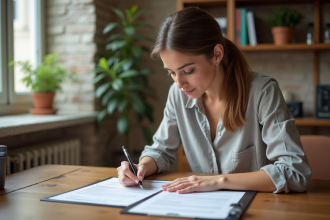Femme lisant un contrat de location dans un appartement parisien