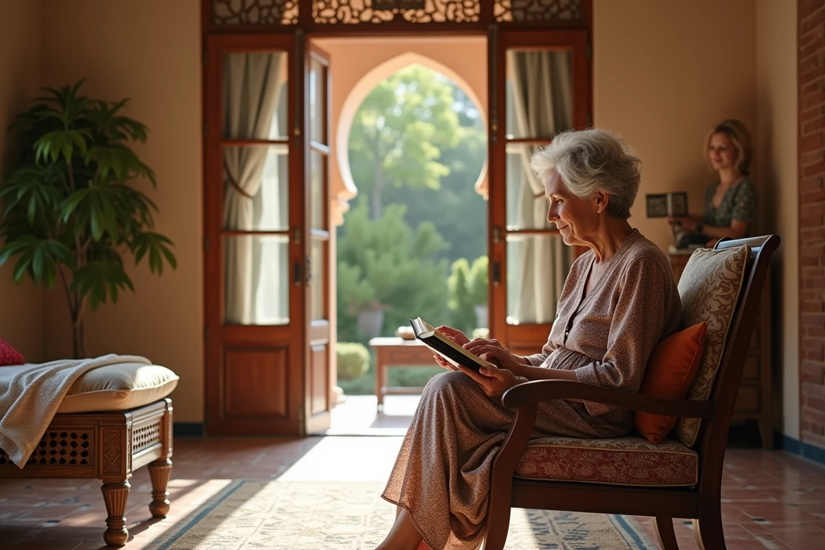 Femme lisant dans un salon marocain traditionnel