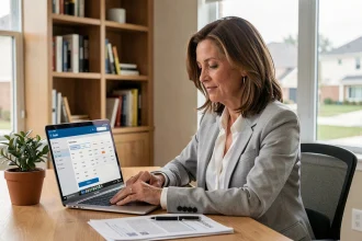 Femme utilisant un logiciel d'estimation immobilière sur ordinateur portable dans un bureau à domicile